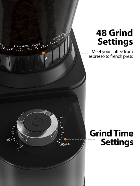 Aromaster Electric Burr Coffee Grinder With 48 Precision Settings And Adjustable Timer showing grind settings and timer control details.