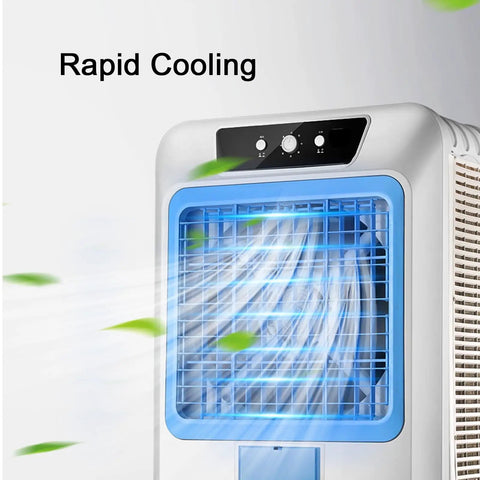 Massive Portable Evaporative Air Cooler With Giant Water Tank For Crisp Cold Fresh Air, close-up of cooling vent andcontrols.