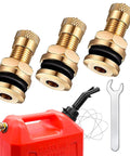 Gas Can Vent Caps Three Pack Universal Vent Kit For Fuel Tanks And Water Jugs, brass with O-rings, drill bit, and wrench.