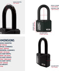 Granit Alloy Steel Padlock With 2 Inch Shackle, Keyed Alike, High Security Disc Cylinder, Hardened Steel Body And Shackle, dimensions shown
