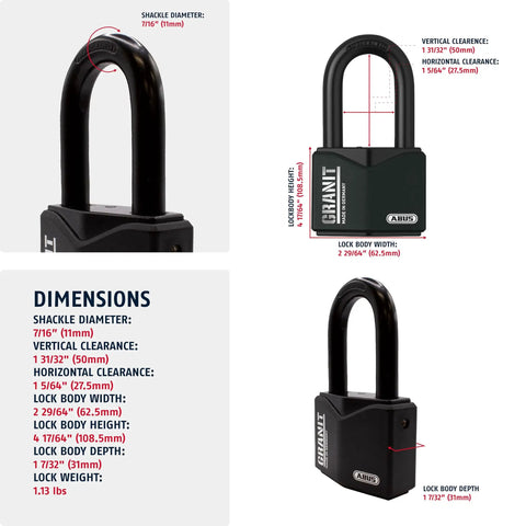 Granit Alloy Steel Padlock With 2 Inch Shackle, Keyed Alike, High Security Disc Cylinder, Hardened Steel Body And Shackle, dimensions shown