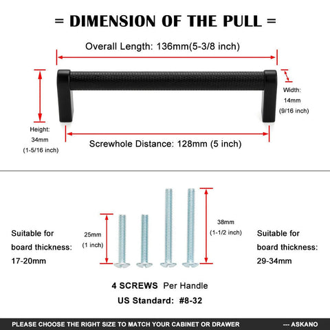 Dimensions and screws of 10 Pack 5 Inch Knurled Black And Nickel Cabinet Pulls Matte Black And Brushed Nickel Cabinet Handles