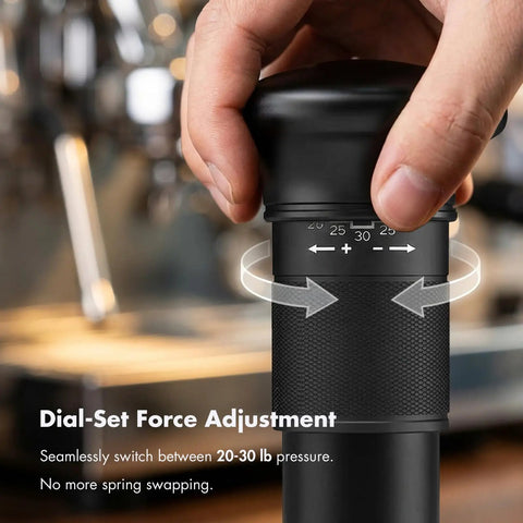 Close-up of 54mm Espresso Tamper With Adjustable 20 To 30 Lb Dial Audible Click Feedback 24 Dial Steps in use, showing dial adjustment.