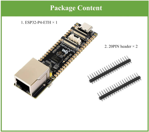 ESP32 P4 ETH Development Board With 100 Mbps Ethernet and 20-pin headers, showcasing plug and play features for IoT prototyping.