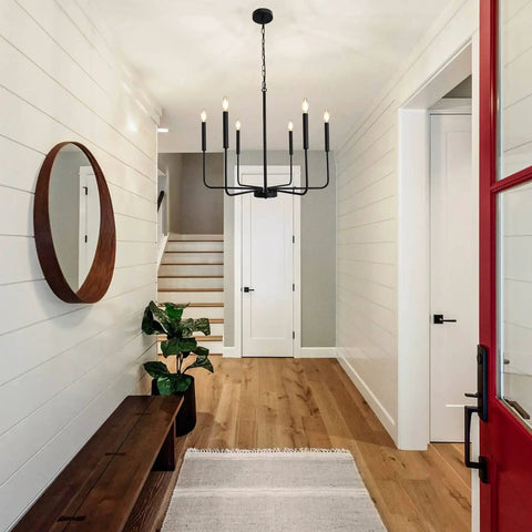 Entryway featuring Black Farmhouse Chandeliers For Dining Room 26 Inch 6 Light Modern Candle Linear Traditional Metal Hanging Ceiling Light Fixture.