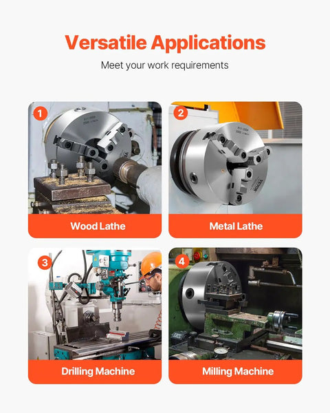 Precision 8 Inch 3 Jaw Lathe Chuck Self Centering Machine Tool With 2 1 4 In 8 Thread Base shown on wood and metal lathes.