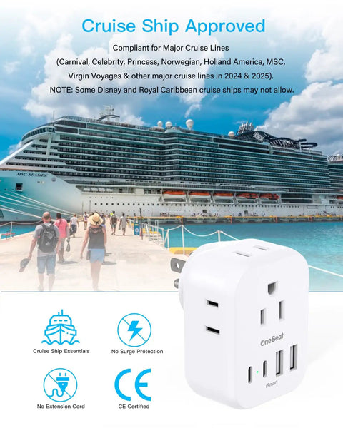 Compact Cube Power Strip With Three USB Ports And USB C Non Surge Protector Outlet Extender Without Extension Cord displayed on a cruise ship background