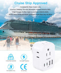 Compact 8 In 1 Wall Outlet Extender With Usb Charging Ports For Travel Cruise Ships And Road Trips Heavy Duty Power Strip Adapter That Works Like A Charm For All Your Favorite Gadgets White with cruise ship in background.