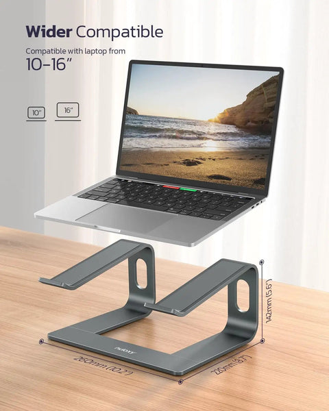 All Aluminum Laptop Stand For Desk Setup With Ventilated Cooling Detachable Ergonomic Riser Anti Slip Notebook Holder For 10-16 Inch Laptops shown with MacBook