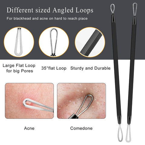 Different sized angled loops of 6 Piece Pimple Popper Tool Kit Blackhead Remover Comedone Extractor Set With Metal Case