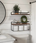 Floating Shelves With Wire Storage Basket Over Toilet Unit In Dark Brown Wood Wall Shelves For Bathroom with decor