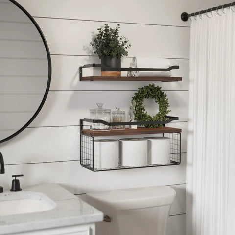 Floating Shelves With Wire Storage Basket Over Toilet Unit In Dark Brown Wood Wall Shelves For Bathroom with decor