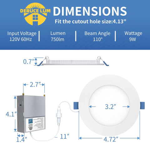 Six Pack Ultra Thin 4 Inch LED Recessed Lights 5000K Cool White 9W 750 Lumens ETL Energy Star Certified dimensions diagram