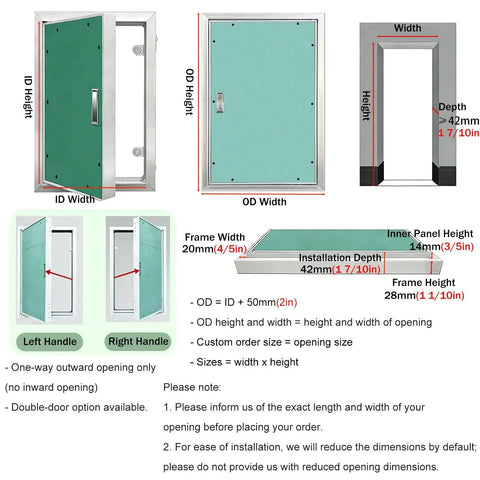 Custom Fit Lockable Wall Access Panel Hidden Inspection Hatch dimensions and features illustration for ease of installation.