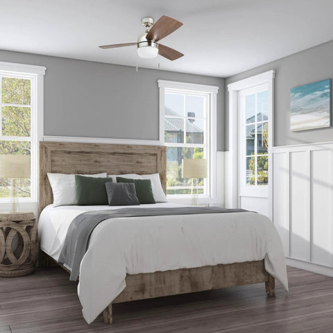 Barcadero Modern 44 Inch Ceiling Fan With Light LED Pull Chain 3 Blades in maple and brushed nickel installed in bedroom