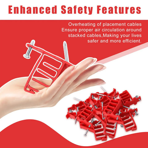 Get These 200 Pack Multi Cable Staples With Steel Nails To Secure Your Electrical Wire Stackers Fast Without Drilling And Lock Clips Keep Cables From Slipping So Your Setup Looks Clean And Super Stable. Red cable staple in hand with multiple staples in the background.
