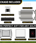 Package contents of 11x8Ft Golf Practice Net With Impact Screen including frame, stakes, golf hitting net, simulator screen, target cloth, and carry bag.