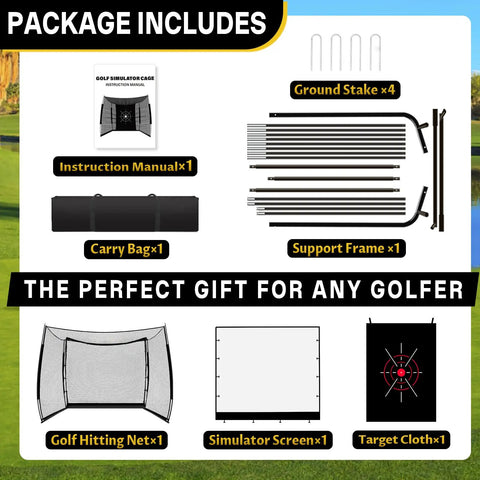 Package contents of 11x8Ft Golf Practice Net With Impact Screen including frame, stakes, golf hitting net, simulator screen, target cloth, and carry bag.