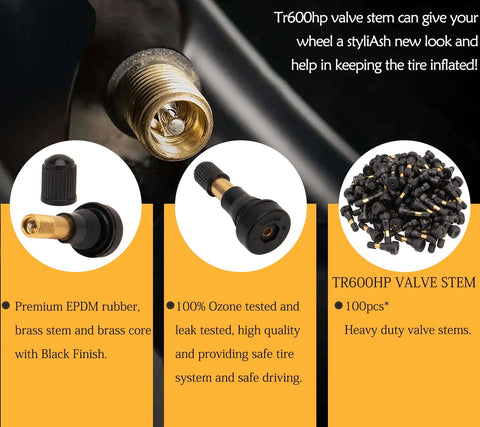 TR600HP tire valve stems, heavy-duty brass and rubber snap-in, 100-pack; front and side views.