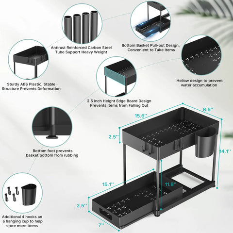 Under Sink Organizer No Brainer With Pull Out Drawer Two Tier Cabinet Storage For Kitchen And Bathroom Tool Free Assembly Black