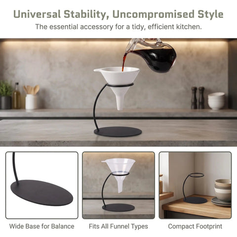 Heavy Duty Coffee Filter Holder Funnel Stand With Slick Black Iron Base For Hands Free Drip Pour Over Brewing, coffee pouring in action.