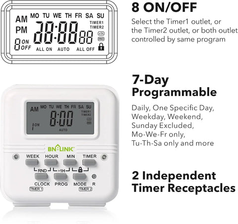 Indoor Digital Light Timer With 7 Day Programmable Plug In Dual 3 Prong Outlets For Lamps And Fans, Independent On Off Settings, Energy Saving, ETL Listed, 15 Amp, 1875 Watt, 1 Pack