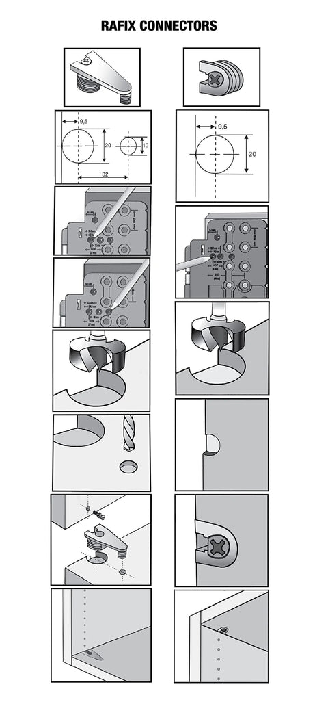 Milescraft CabinetMate shelf-pin drilling jig, gray metal, installation diagrams.