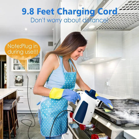 Handheld Steam Cleaner With Snappy Three Minute Heat Up and Heavy Duty Vapor for Knocking Out Kitchen Grease used in a kitchen.