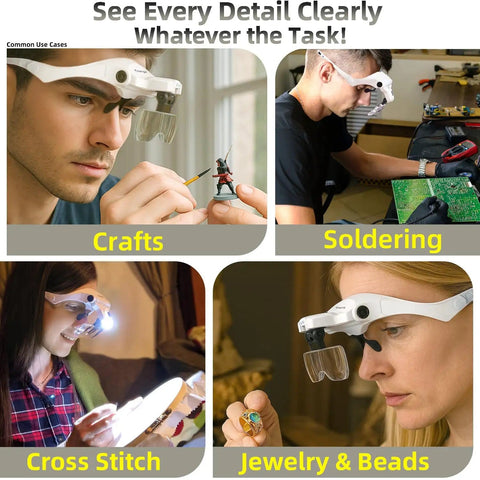 Lighted Magnifier Headset With Five Interchangeable Lenses For Hands Free Precision Work in crafts, soldering, cross stitch, and jewelry