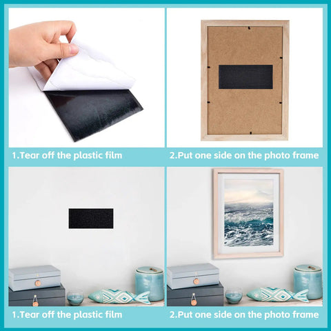Steps showing Heavy Duty Hook And Loop Tape With Adhesive 4 Inch By 18 Feet Black Nylon Strips applied to a picture frame and wall.