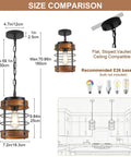 Black Farmhouse Pendant Lights for Kitchen Island size comparison image showing adjustable 1-Light Metal Cage and rustic wood design.