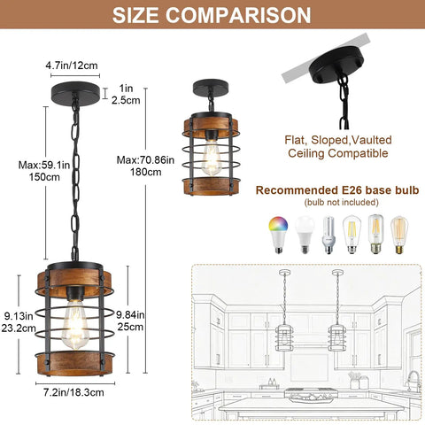 Black Farmhouse Pendant Lights for Kitchen Island size comparison image showing adjustable 1-Light Metal Cage and rustic wood design.
