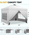 10x10 Pop Up Canopy Tent With Four Sidewalls One Push Setup for Quick No Tool Outdoor Shade Silver Coated Canopy Includes Sandbags Ideal for Parties Events Camping and Beach White shown assembled.