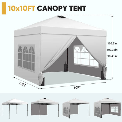 10x10 Pop Up Canopy Tent With Four Sidewalls One Push Setup for Quick No Tool Outdoor Shade Silver Coated Canopy Includes Sandbags Ideal for Parties Events Camping and Beach White shown assembled.