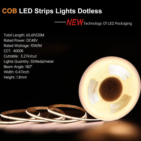 COB LED Strip Lights Dotless 65.6Ft 20m 4000K White With 504 LEDs Per Meter 180 Degree Beam DC48V, coiled on surface