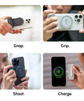 SnapGrip Pro Phone Camera Grip And Magnetic Power Bank With Qi2 Wireless Charging in use with phones, demonstrating snap, grip, shoot, charge functions.
