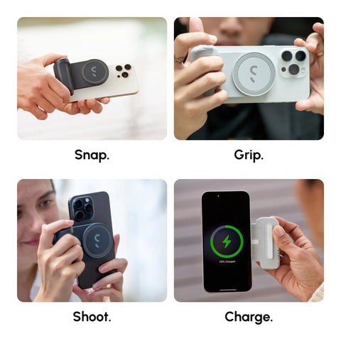 SnapGrip Pro Phone Camera Grip And Magnetic Power Bank With Qi2 Wireless Charging in use with phones, demonstrating snap, grip, shoot, charge functions.