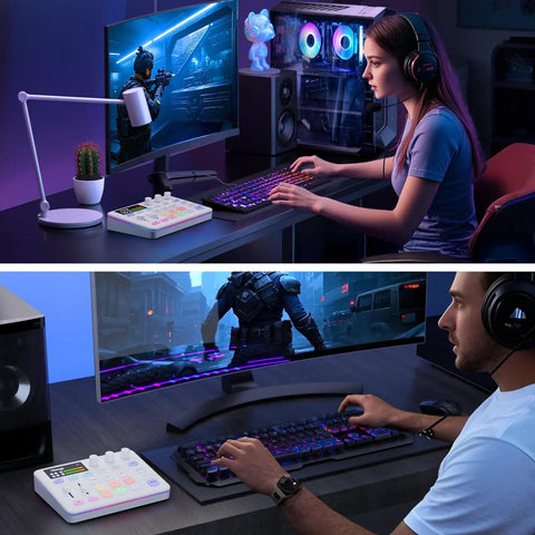 G9 Audio Mixer For Streaming And Podcasting RGB PC Mixer With XLR Interface Volume Fader Mute Button 48V Phantom Power Soundboard For Live Streaming And Recording White on gaming desk with user.