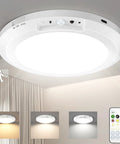 Rechargeable Ceiling Light With Motion Sensor No Wires Needed Battery Operated LED Closet Light With Remote And Timer Wireless Dimmable Magnetic Mount Shower Lamp For Bathroom Stairs Garage Hallway, showing light colors and remote control.