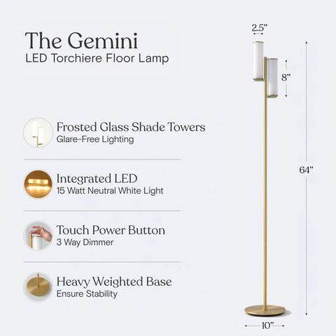 Gemini Dimmable Floor Lamp With Two Lights In Gold Brass Finish, Modern Tall Tree Style For Bedroom, Office, And Living Room, Sleek Standing Lamp For Contemporary Home Decor