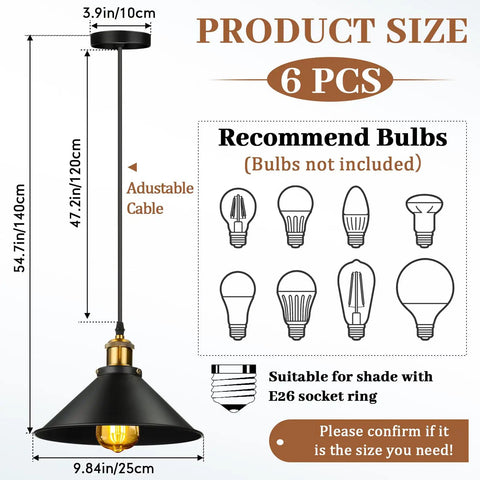 Diagram showing dimensions of Six Piece Black Metal Umbrella Pendant Lights With A Slick Retro Industrial Look And Solid Farmhouse Vibe Making A Popular Choice For Any Kitchen Table Or Dining Nook Using Dead Easy E26 Mounts.