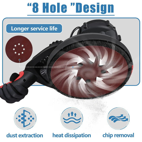 Close-up of 9 Inch 8 Hole Sanding Discs for Drywall Sander With Quick Change Hook And Loop Backing attached to sander.