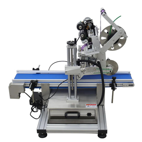 Automatic Desktop Conveyor Labeling Machine With Adjustable Belt For Flat Surfaces 110V Plug And Play Bottle Applicator, side view.