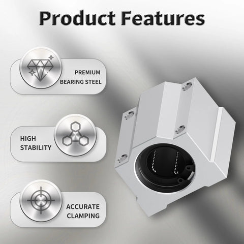 Front view of FOCMKEAS SCS8UU 4 pcs linear ball bearings in aluminum slide block, 8mm ID x 30mm
