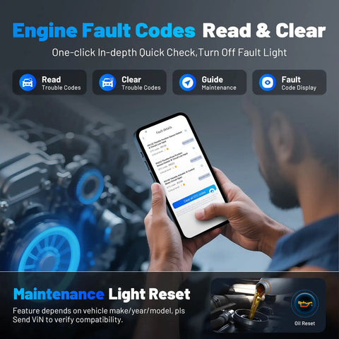 Person holding phone displaying AI Assisted Wireless OBD2 Scanner For iPhone And Android All System Diagnostic Tool screen.
