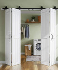 Space Saving Bi Fold Barn Door Kit 64 by 84 Inches White installed in laundry room with 72 Inch Track Kit For Four Doors