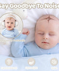 Sleeping baby wearing Kids Noise Canceling Earmuffs 25dB NRR for Babies 0 to 36 Months with adjustable headband and soft cushions.