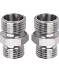 Two stainless steel excavator hydraulic hose thread connectors with male threads and central hex nut