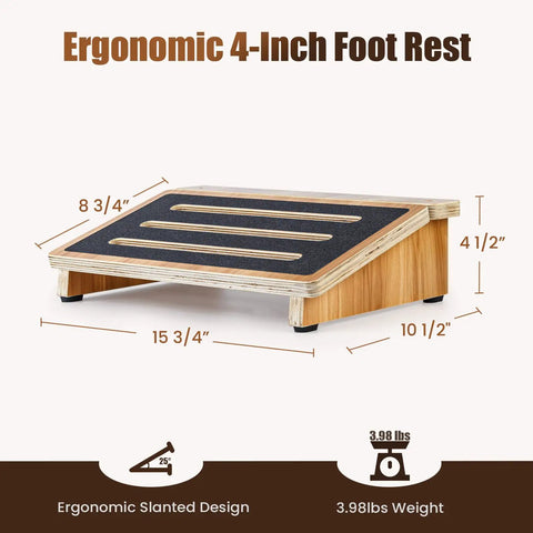 Ergonomic Under Desk Foot Rest With Non Slip Surface For Better Posture And Circulation, A Four Inch High Foot Stool To Beat Fatigue And Back Pain, Supports Up To 300 Pounds, Ideal For Office Or Gaming Setups, shown with dimensions and slanted wooden design.