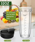 32 Ounce Blender Cups Replacement Durable With Sip And Seal Lids For Ninja Blenders Compatible With Auto IQ Series BL450 BL480 BL642 BL680 BN801 SS101 SS151 And More. Image shows a clear 32oz blender cup with measurements, black sip and seal lid.